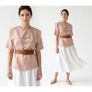 80s French Pale Peach Pink Silk Blouse Asymmetrical Cape Collar | S